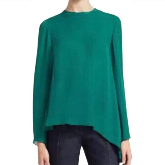 Cinq A Sept Henri Silk Top blouse Gulf Blue green DAMAGE diagonal hem new S - Picture 1 of 6